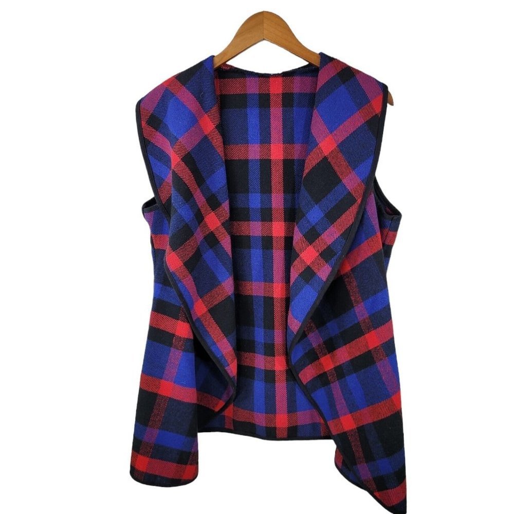 Etwo Vest Size Large Plaid Blue red Ruffle Tartan Flannel Womens open front